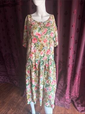 Vintage Floral Tiered Cotton Midi Dress Pink & Green Rose Print Size X-Large